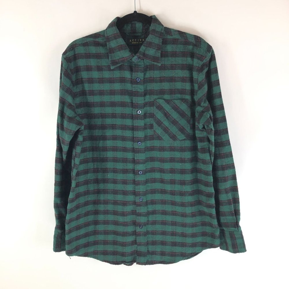 Activa Mens Button Down Cotton Blend Plaid Pocket Flannel Shirt Green L